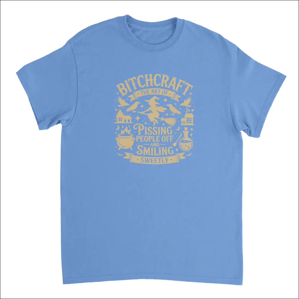 Light blue cotton tee with gold foil Bitchcraft witchcraft print