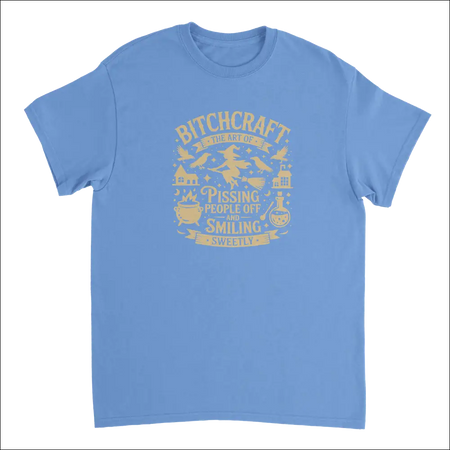 Light blue cotton tee with gold foil Bitchcraft witchcraft print