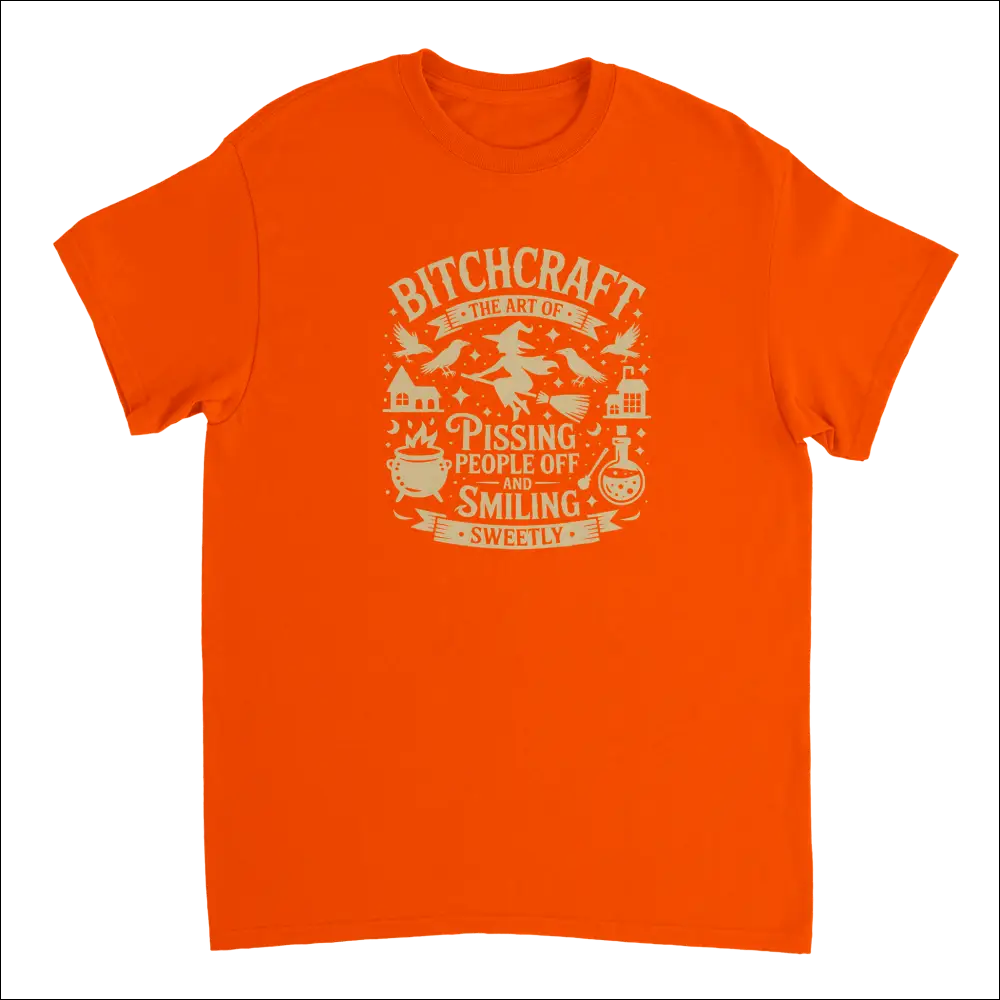 Vibrant orange witchy tee with bitchcraft graphic and sassy text