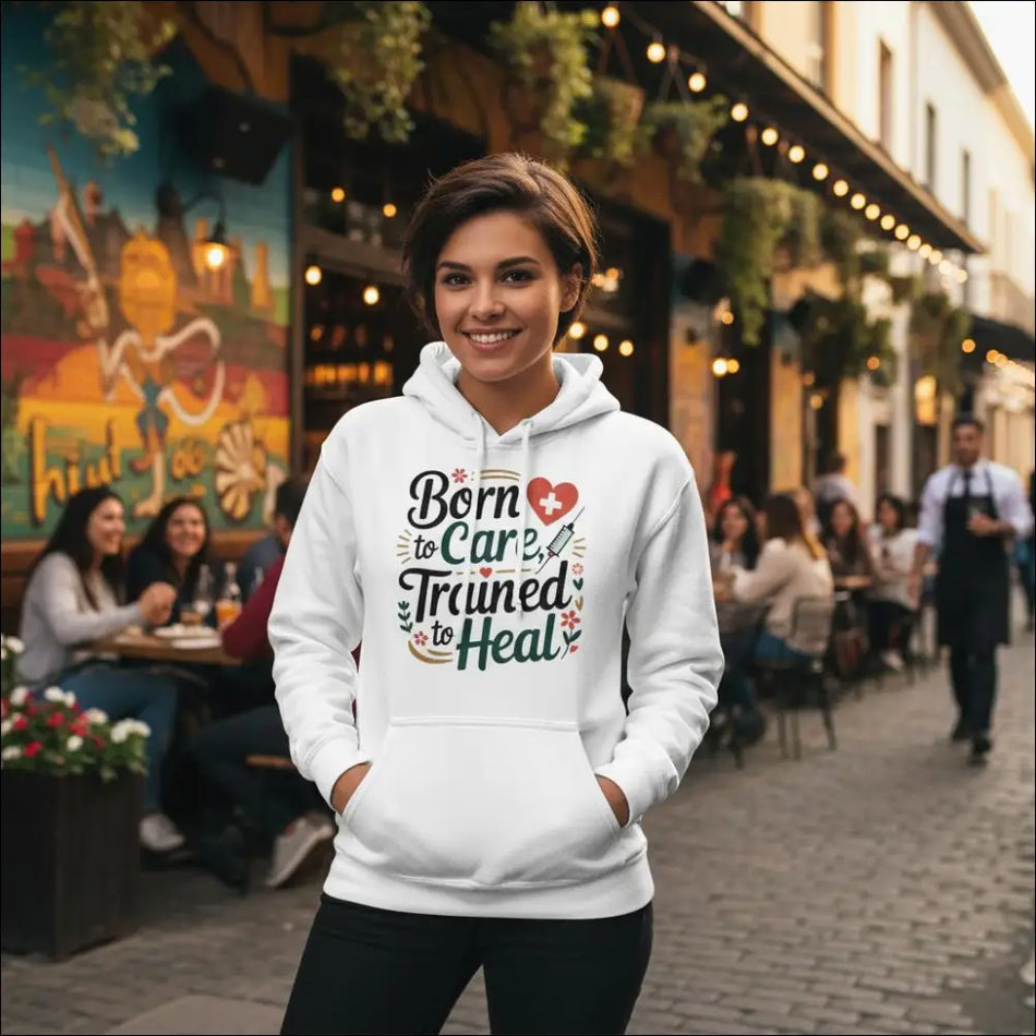 White Born To Care Trained To Heal unisex hoodie with red heart syringe graphic