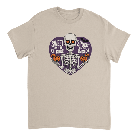 Sweet on the Outside, Spooky on the Inside Skeleton T-Shirt – Heart Eyes & Pumpkins, Heavyweight Cotton Tee - KPAP Canada