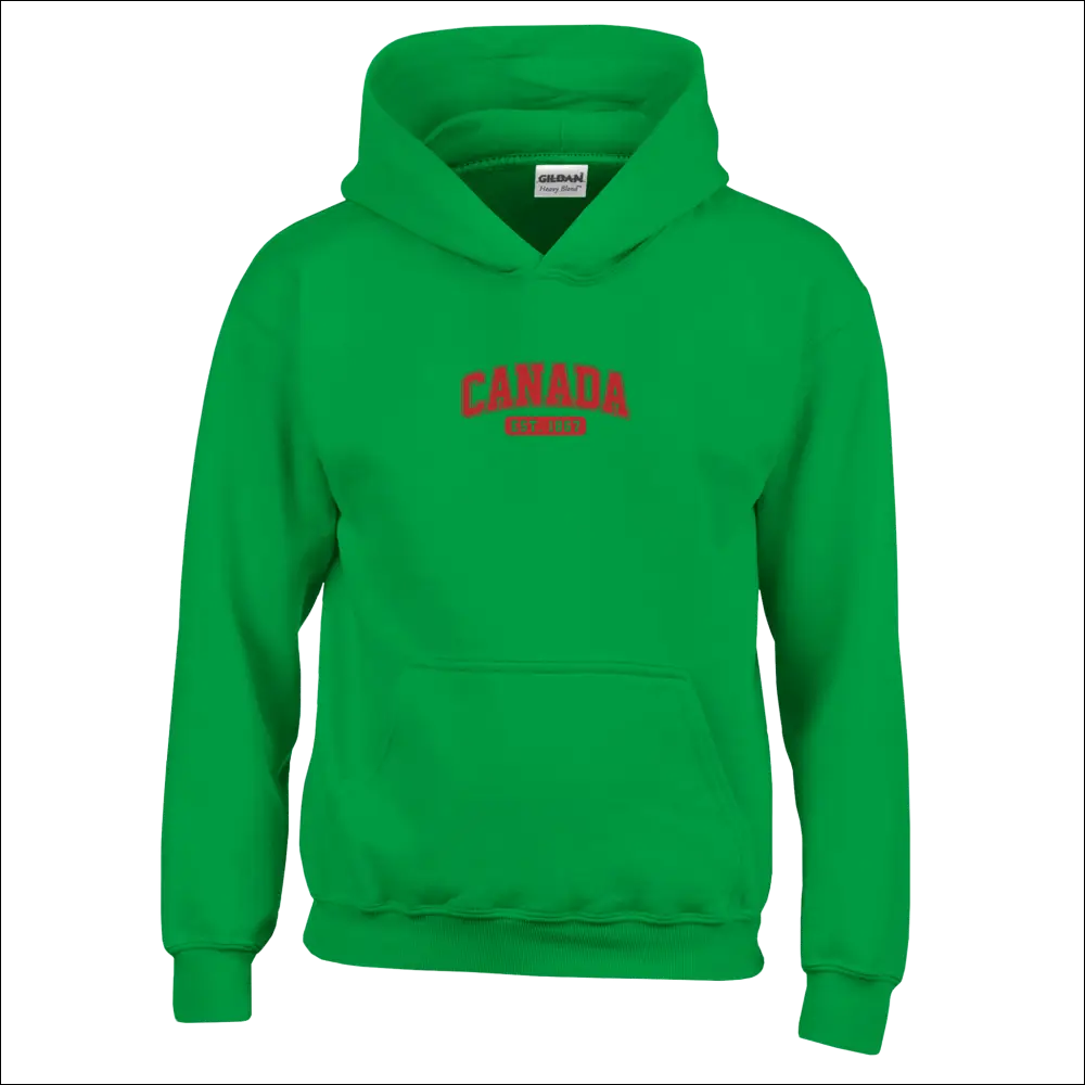 Vibrant green Gildan Canada Est. 1867 kids pullover hoodie with red arch design