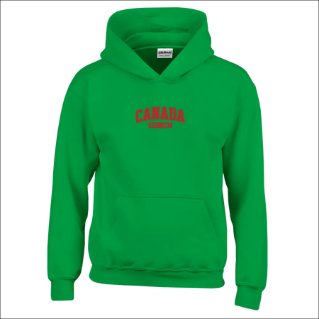 Vibrant green Gildan Canada Est. 1867 kids pullover hoodie with red arch design