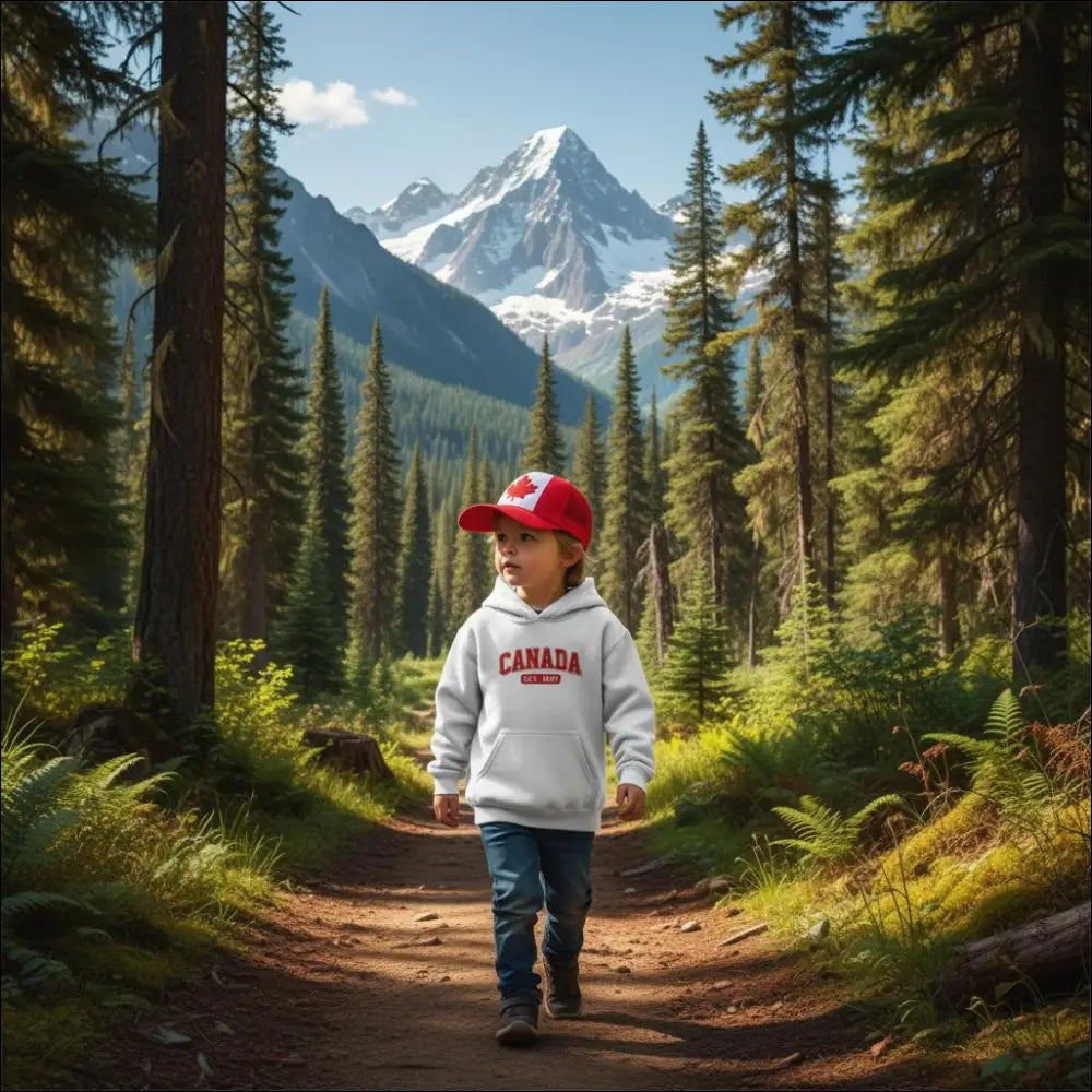 Child in white Canada Est. 1867 hoodie and red flag cap