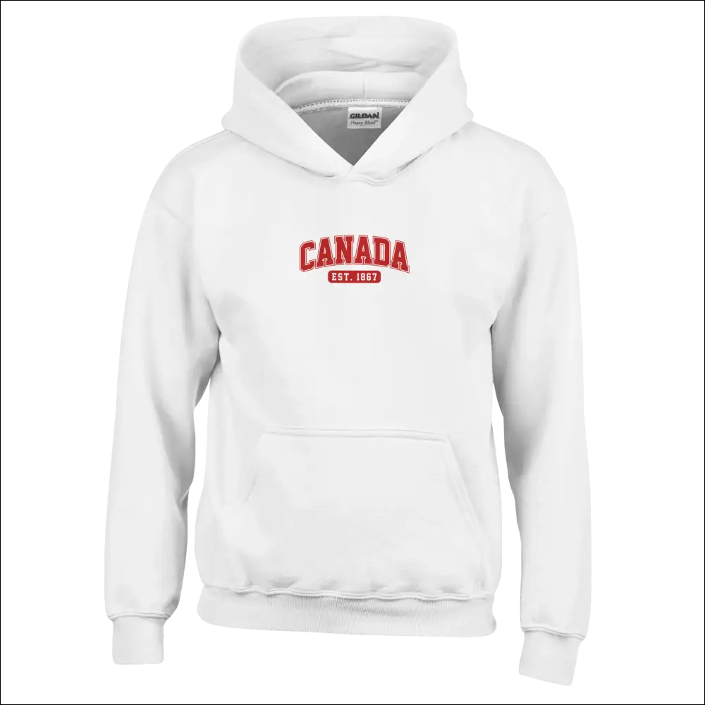 White hooded kids pullover hoodie with red Canada Est. 1867 design