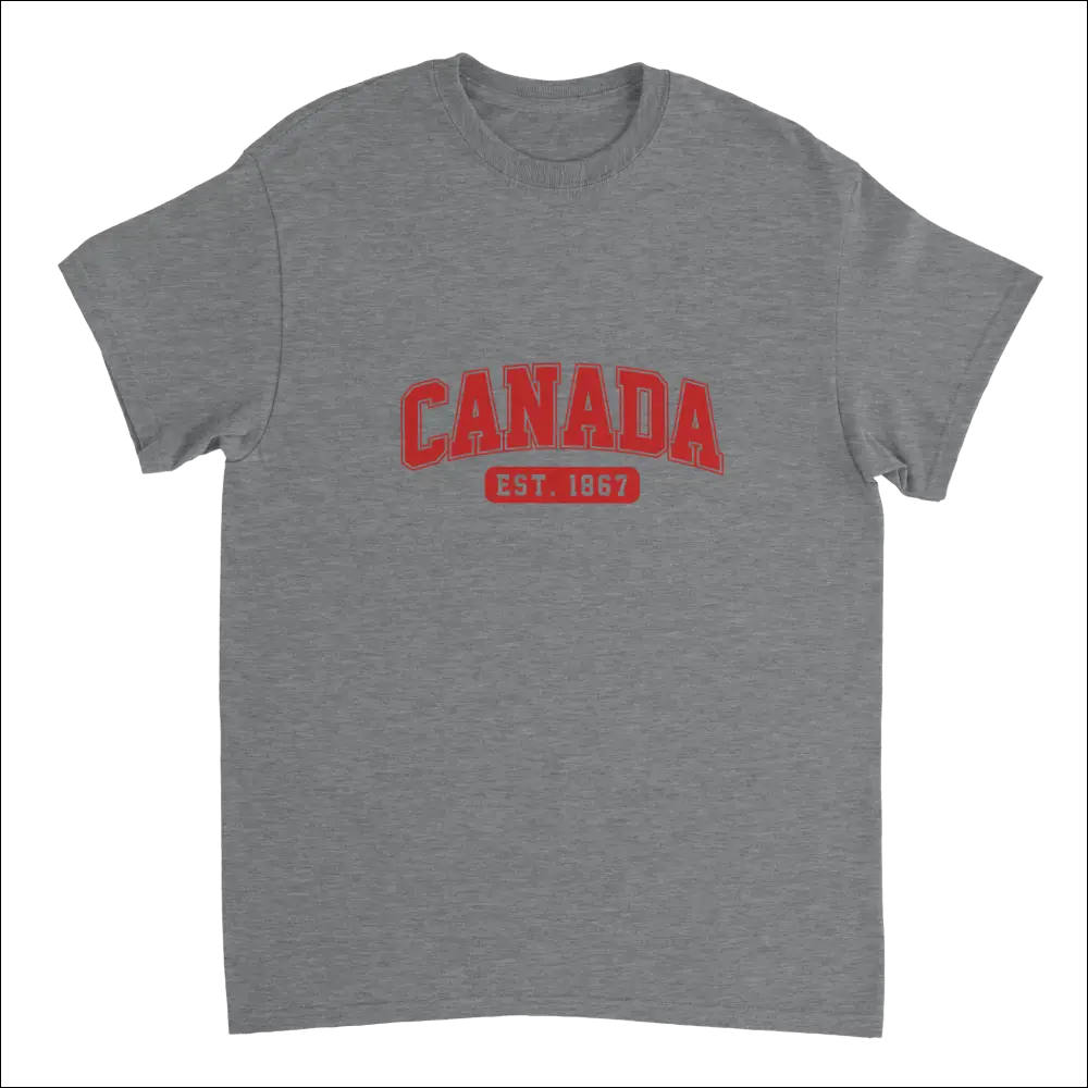 Gray heathered cotton Canada Est. 1867 T-shirt with bold red text