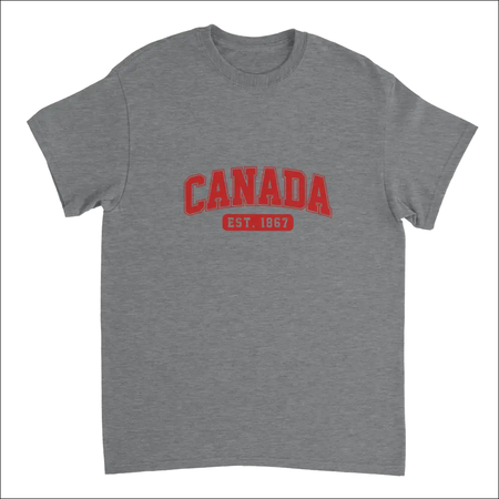 Gray heathered cotton Canada Est. 1867 T-shirt with bold red text
