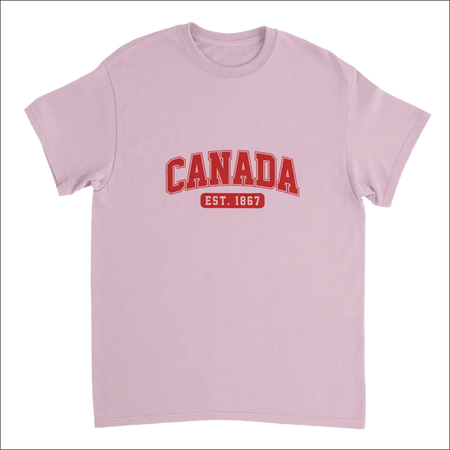 Soft pink Canada Est. 1867 t-shirt with red lettering
