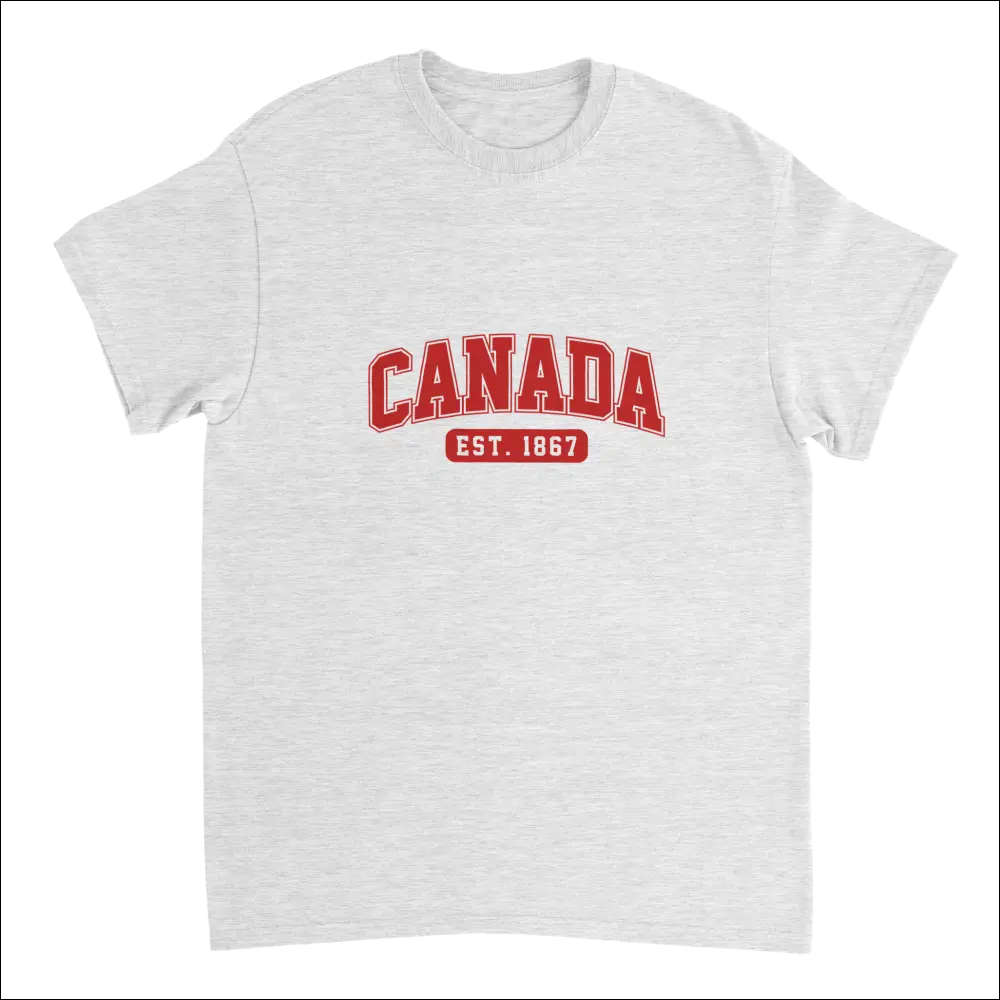 Heather gray Canada Est. 1867 t-shirt with red lettering