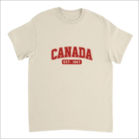 Cream-colored cotton t-shirt with bold red Canada Est. 1867 print