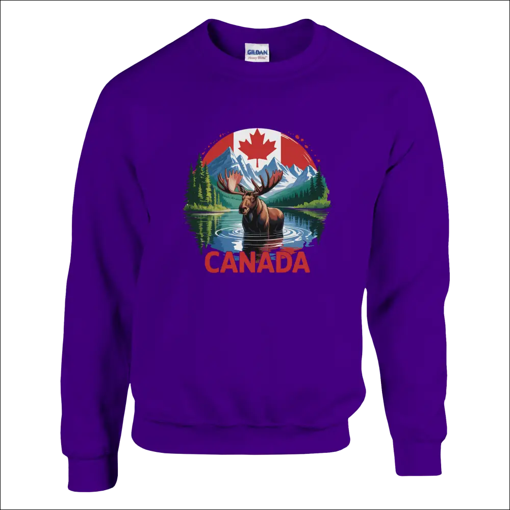 Purple Gildan Canada Moose & Mountains sweatshirt with moose graphic