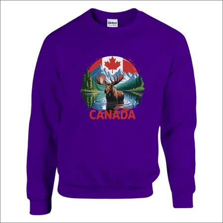 Purple Gildan Canada Moose & Mountains sweatshirt with moose graphic