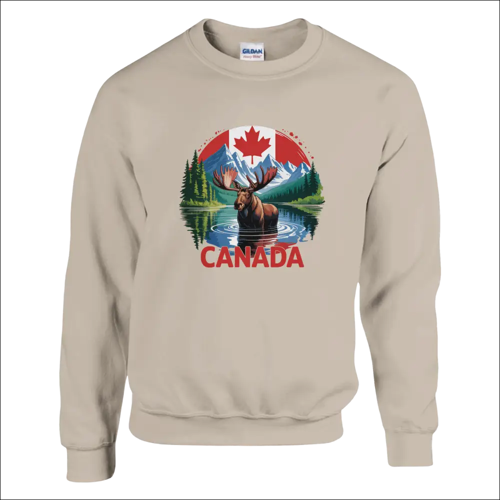 Beige Gildan Canada Moose & Mountains sweatshirt with vibrant graphic