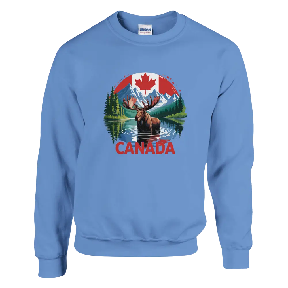 Light blue Gildan Canada Moose & Mountains sweatshirt with moose graphic