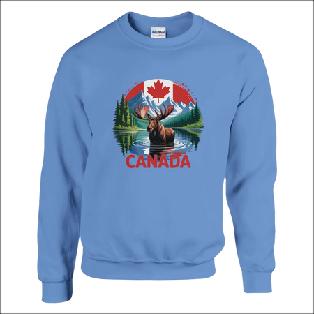 Light blue Gildan Canada Moose & Mountains sweatshirt with moose graphic