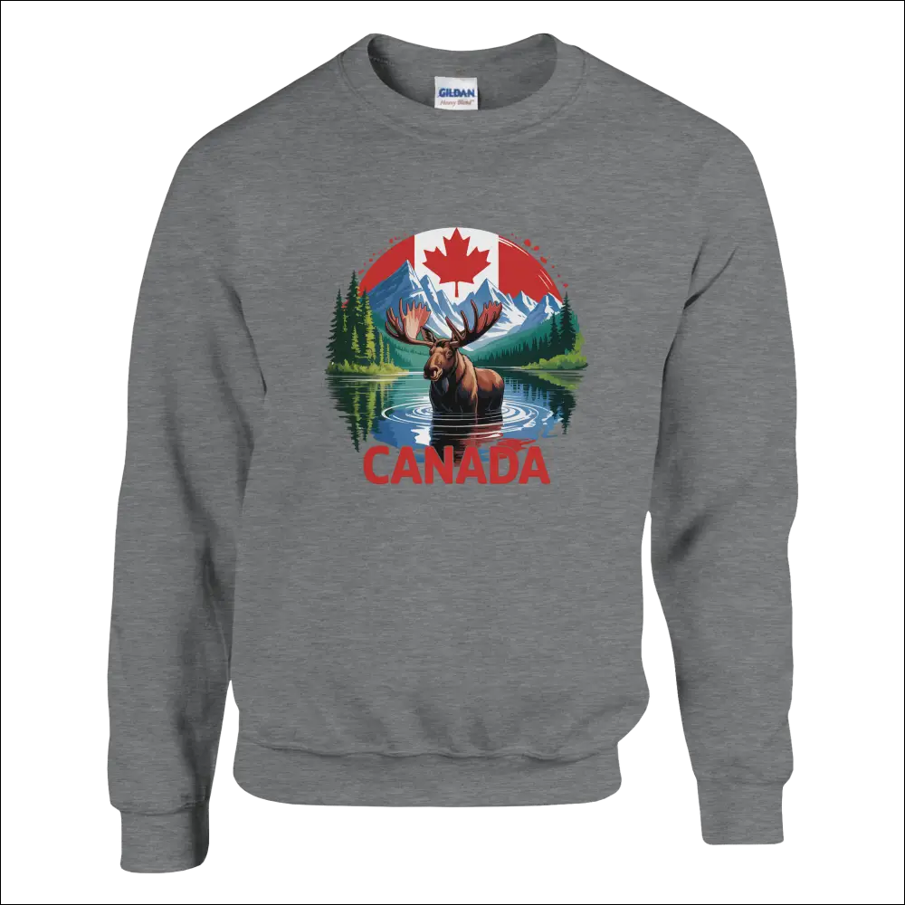 Gray Gildan Canada Moose & Mountains sweatshirt with colorful graphic
