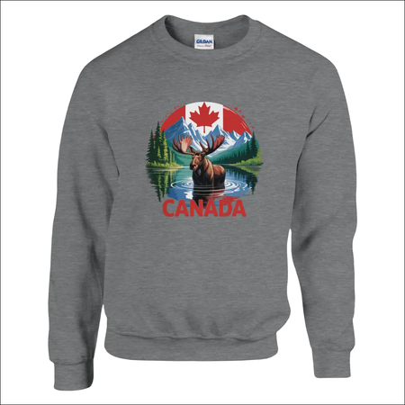 Gray Gildan Canada Moose & Mountains sweatshirt with colorful graphic