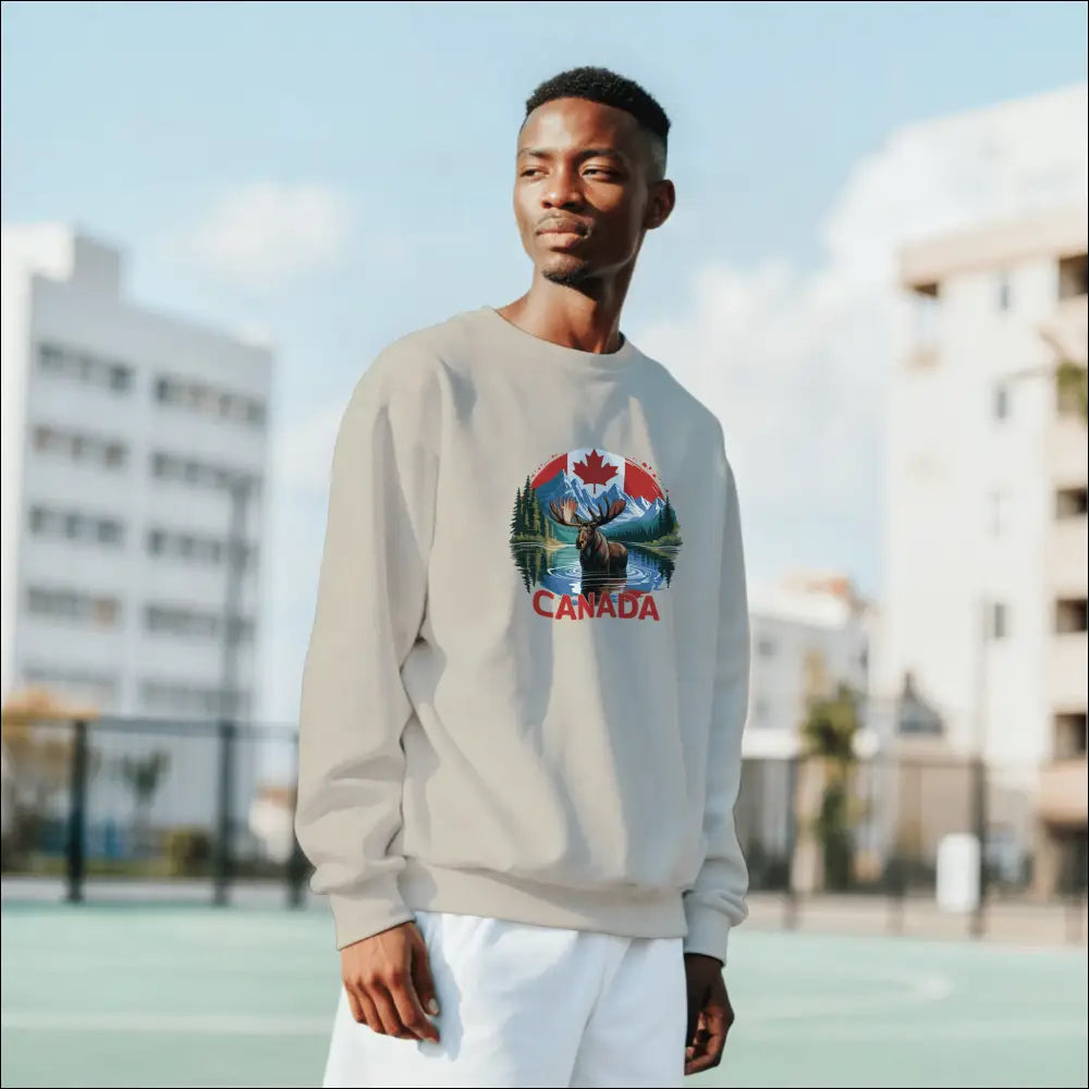 Beige Canada Moose & Mountains sweatshirt with moose, maple leaf, and mountain graphic