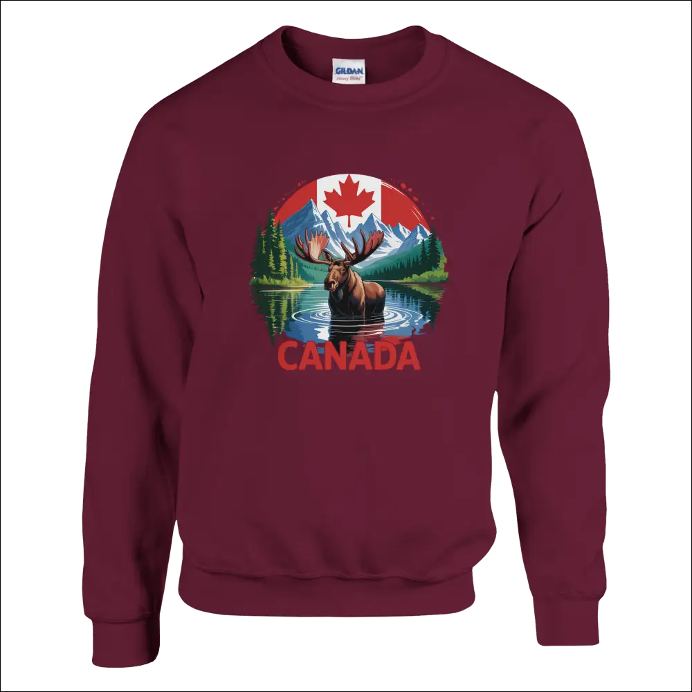 Maroon Canada Moose Mountains sweatshirt with moose graphic and flag