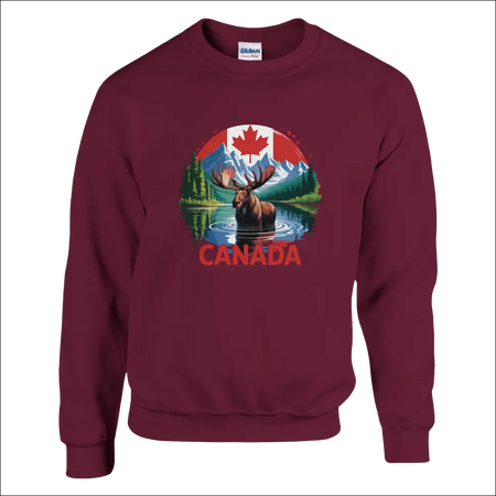 Maroon Canada Moose Mountains sweatshirt with moose graphic and flag