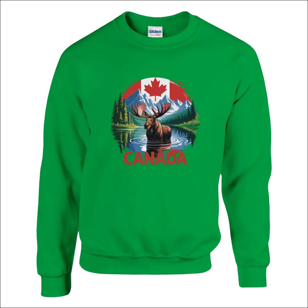 Vibrant green Canada Moose and Mountains Gildan sweatshirt with moose graphic