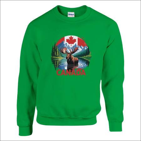 Vibrant green Canada Moose and Mountains Gildan sweatshirt with moose graphic