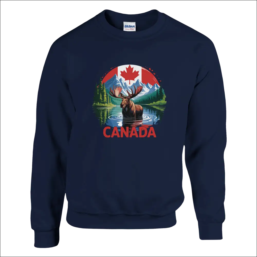 Canada Moose & Mountains navy blue Gildan sweatshirt with vibrant graphic