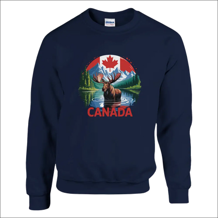 Canada Moose & Mountains navy blue Gildan sweatshirt with vibrant graphic