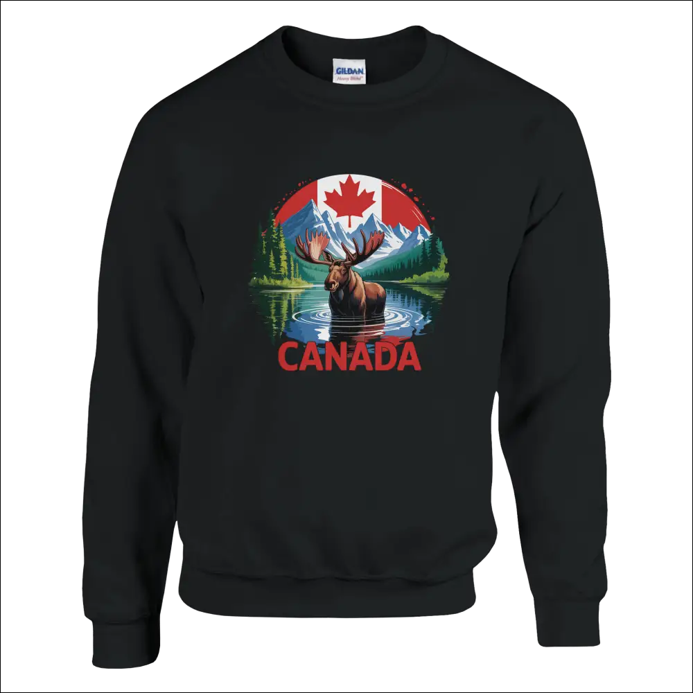 Black Gildan Canada Moose & Mountains sweatshirt with vibrant graphic