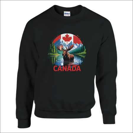 Black Gildan Canada Moose & Mountains sweatshirt with vibrant graphic