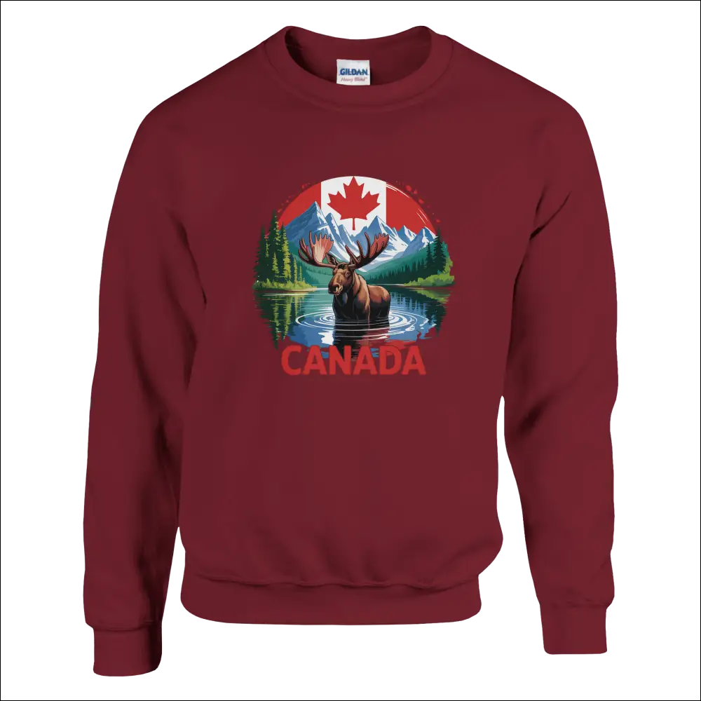 Maroon Gildan Canada Moose & Mountains sweatshirt with vibrant graphic
