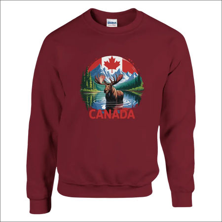 Maroon Gildan Canada Moose & Mountains sweatshirt with vibrant graphic