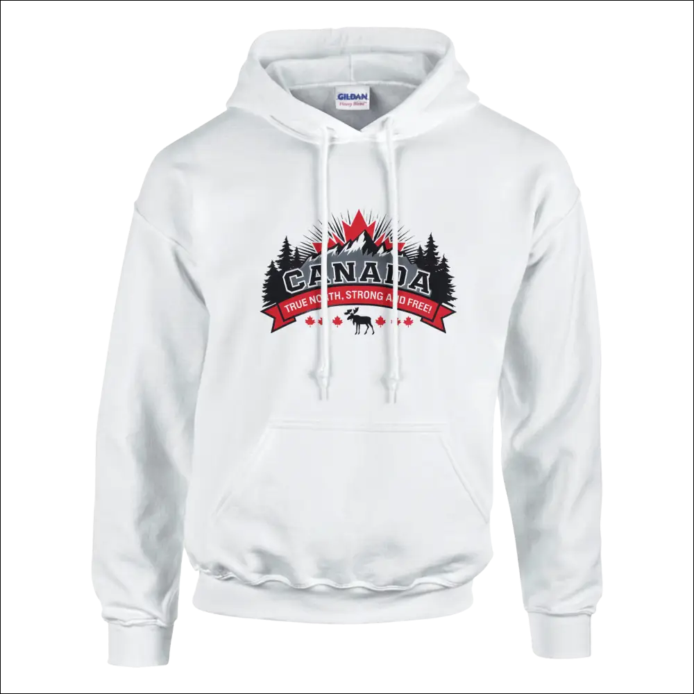 White Gildan hoodie with red black white Canada moose graphic True North slogan