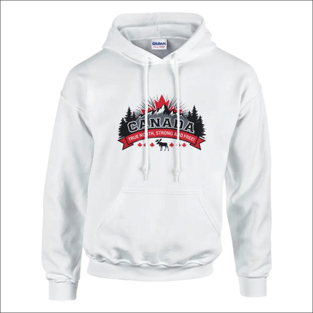 White Gildan hoodie with red black white Canada moose graphic True North slogan