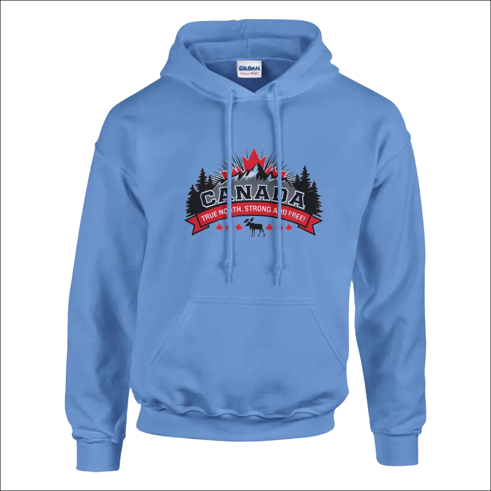 Light blue Canada True North Strong & Free hoodie with bold graphic