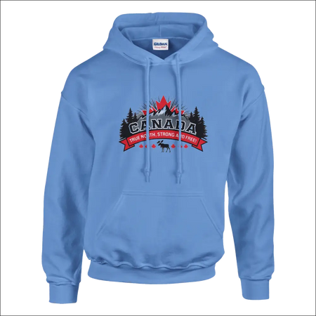Light blue Canada True North Strong & Free hoodie with bold graphic