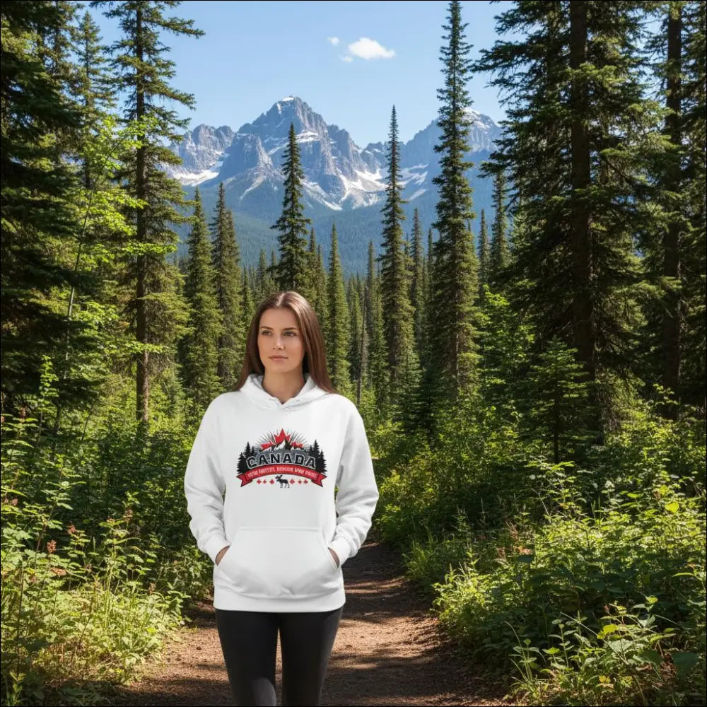 White Canada True North Strong and Free hooded sweatshirt with red black white graphic