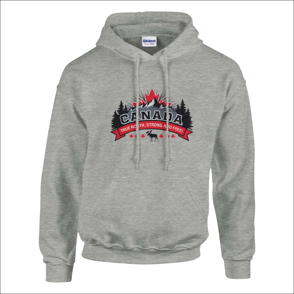 Gray Canada True North Strong & Free hoodie with moose graphic