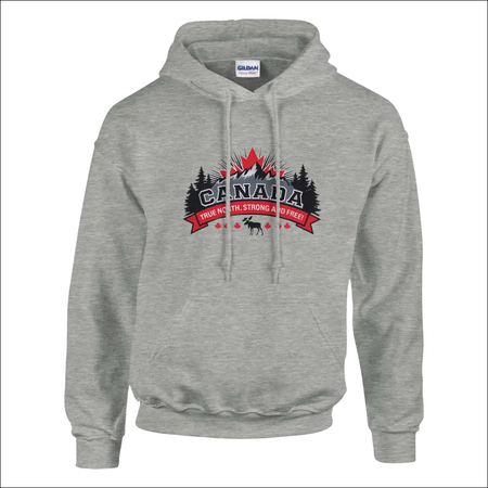 Gray Canada True North Strong & Free hoodie with moose graphic