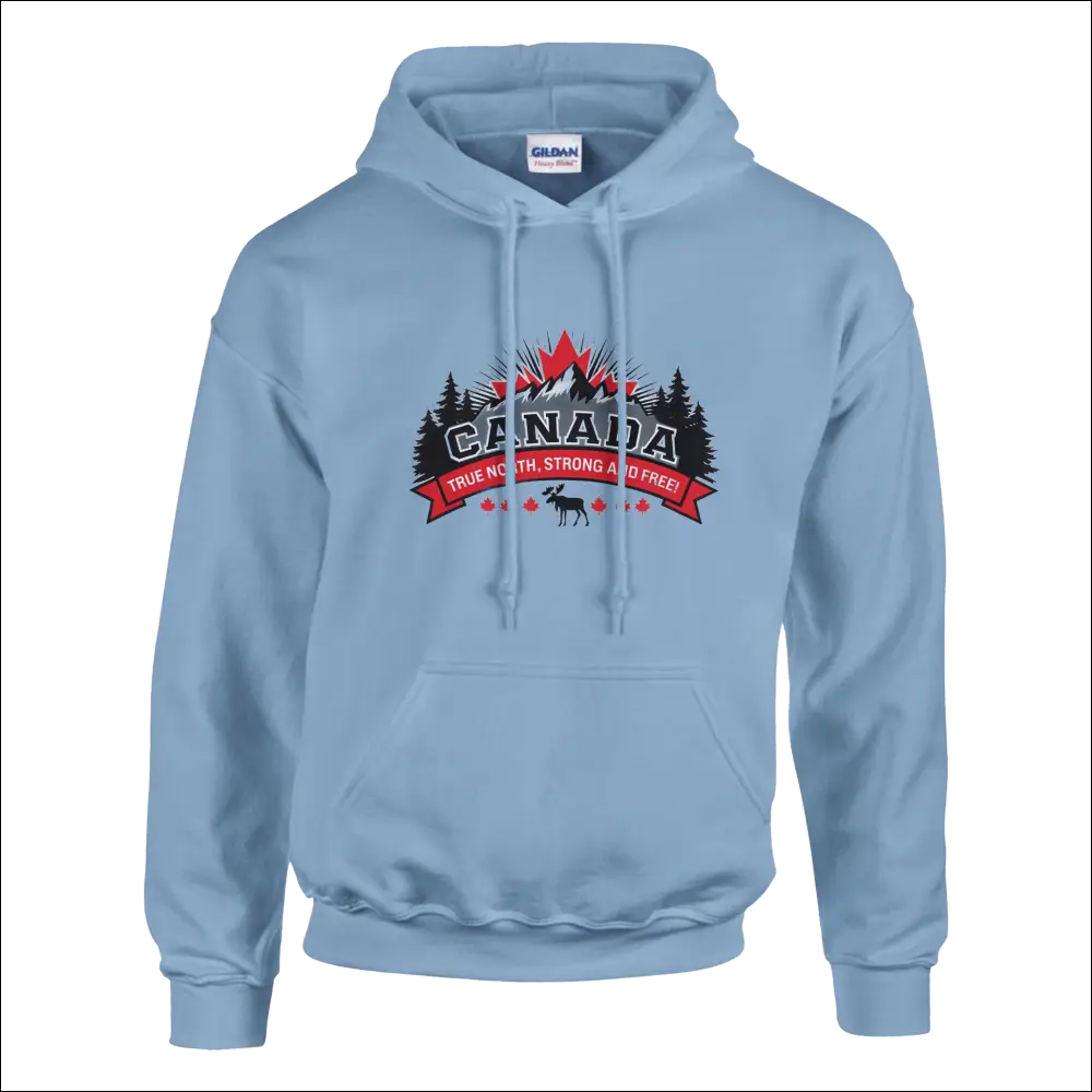 Light blue Gildan hoodie with black red Canada graphic mountains moose text