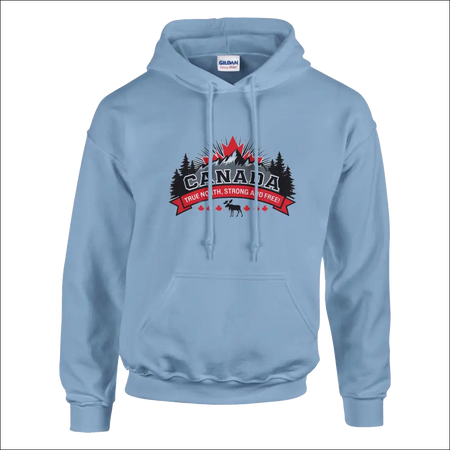 Light blue Gildan hoodie with black red Canada graphic mountains moose text