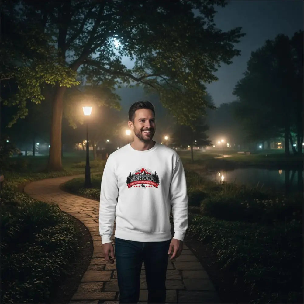 White Canada True North Strong and Free cotton sweatshirt with red black mountains trees stars graphic