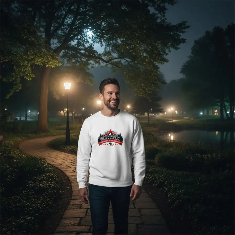 White Canada True North Strong and Free cotton sweatshirt with red black mountains trees stars graphic