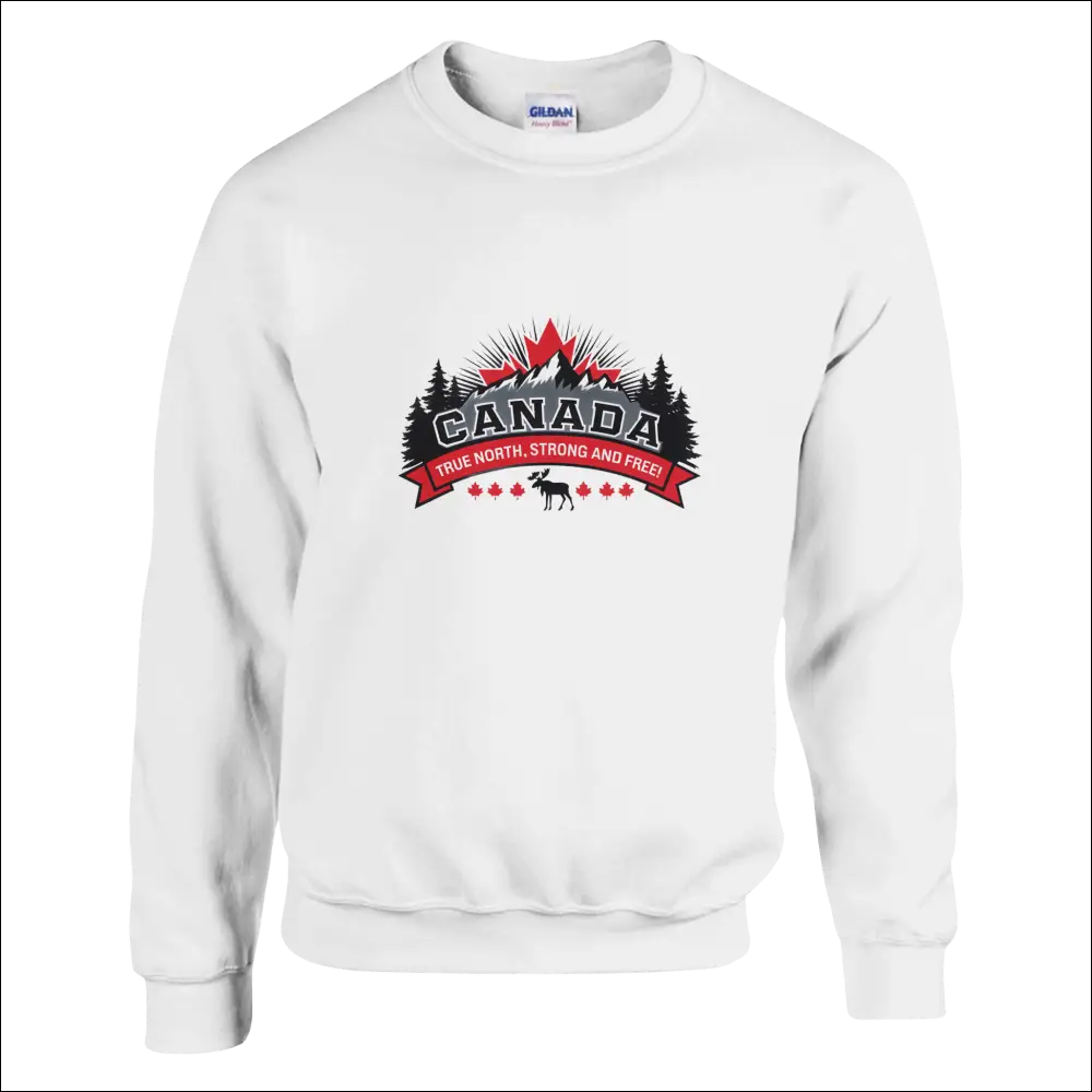 Canada True North Strong and Free white cotton sweatshirt with bold red and black mountain and pine tree graphic
