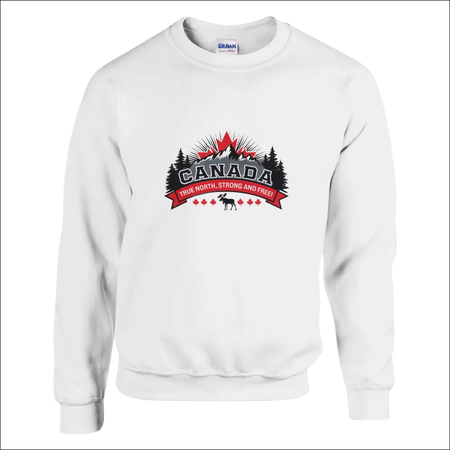 Canada True North Strong and Free white cotton sweatshirt with bold red and black mountain and pine tree graphic