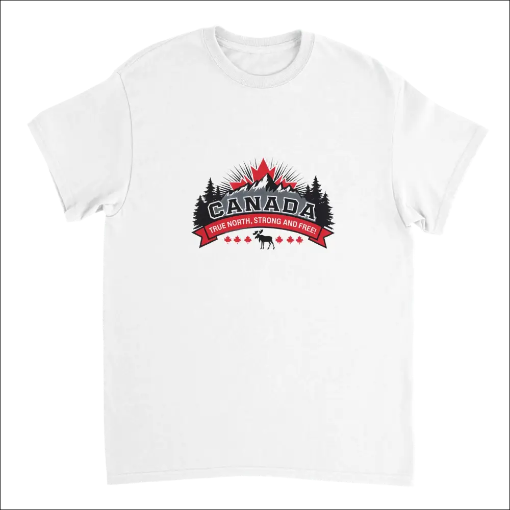 White Canada true north t-shirt with bold graphic mountains, moose, maple leaves