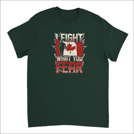 Dark green Canadian firefighter t-shirt with soldier silhouette, flag, and I fight what you fear text