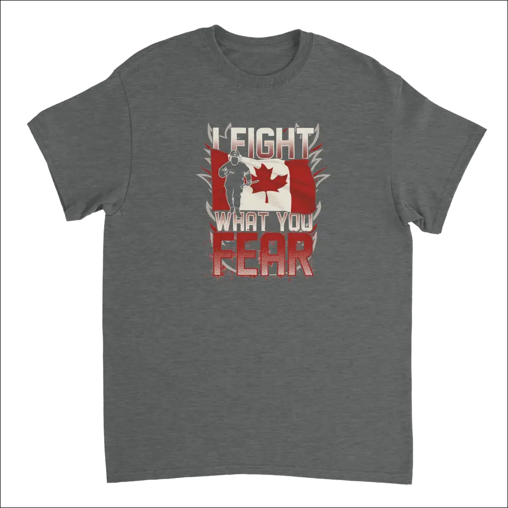 Dark gray Canadian firefighter t-shirt with soldier silhouette, flag, I fight what you fear text