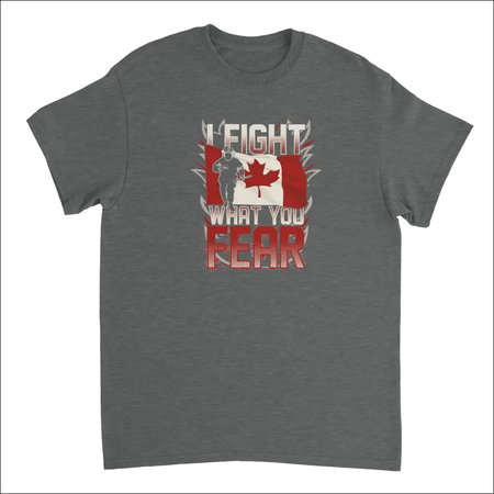 Dark gray Canadian firefighter t-shirt with soldier silhouette, flag, I fight what you fear text