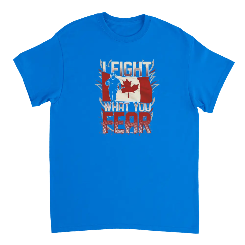 Canadian Firefighter T-Shirt: Blue Silhouette Fighting Flag with Bold Text